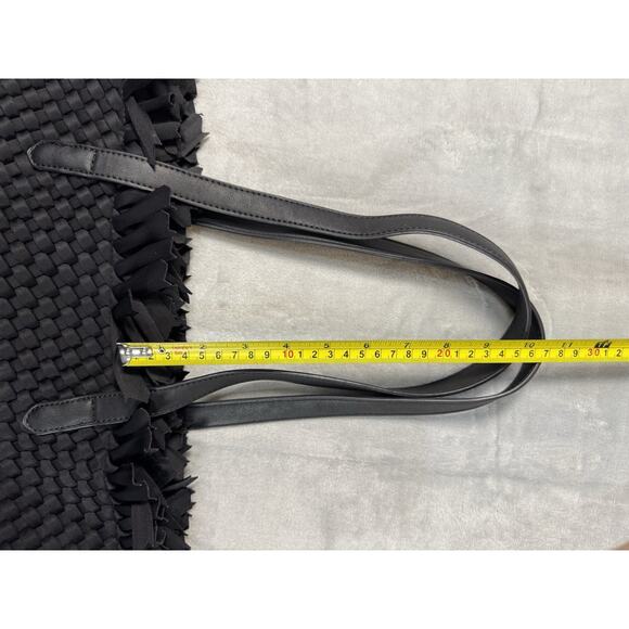 Ah-Dorned Black Woven Neoprene Fringe Tote | Soft Structured Shoulder Bag - Picture 6 of 12